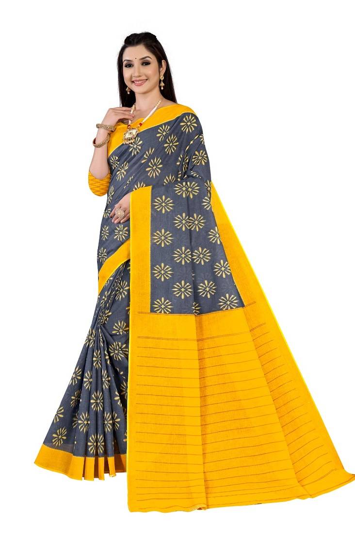 Grey Colour Cotton Silk Bagru Print Saree