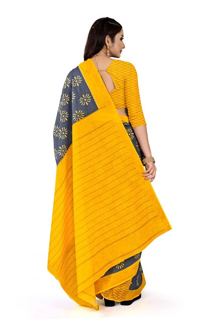 Grey Colour Cotton Silk Bagru Print Saree