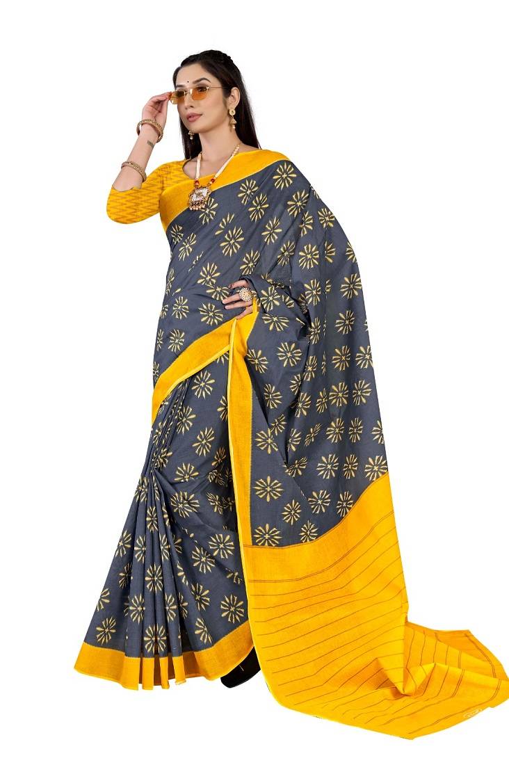 Grey Colour Cotton Silk Bagru Print Saree