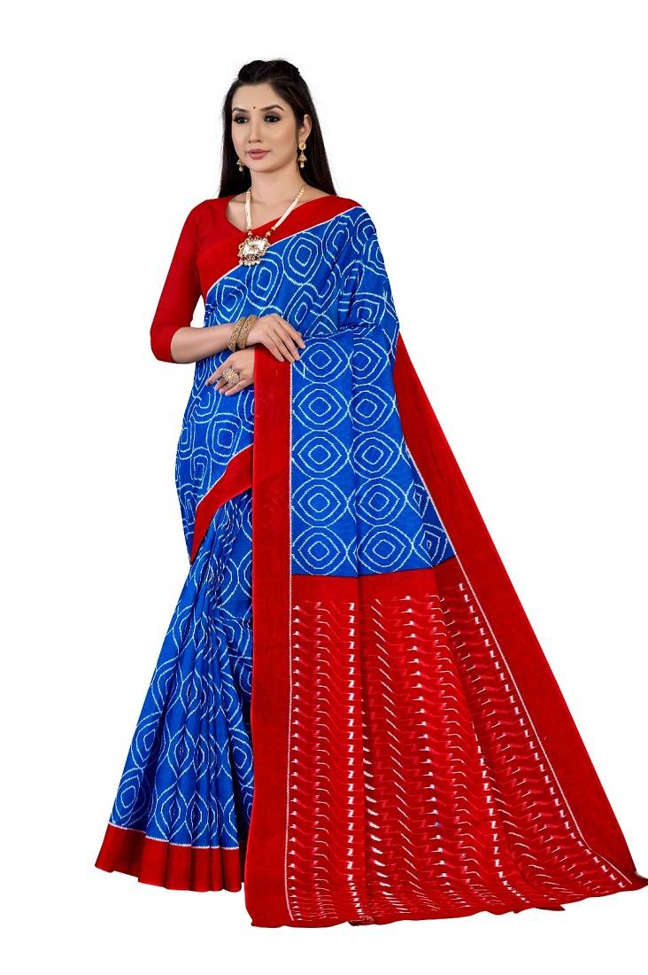 Blue Colour Cotton Silk Bagru Print Saree