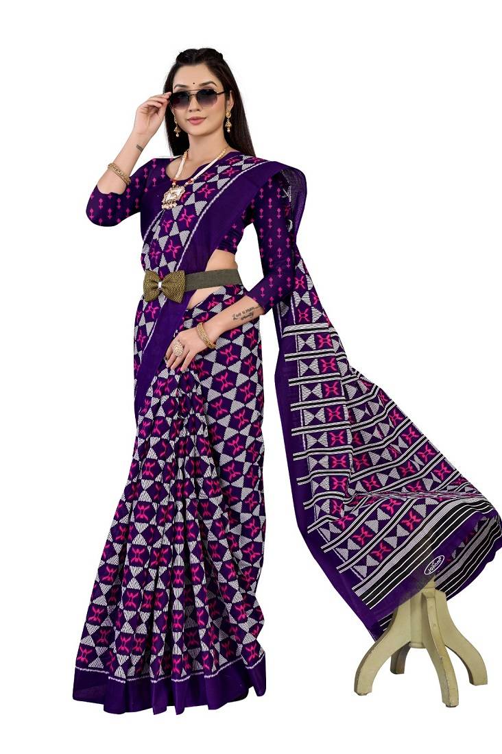 Purple Colour Cotton Silk Bagru Print Saree