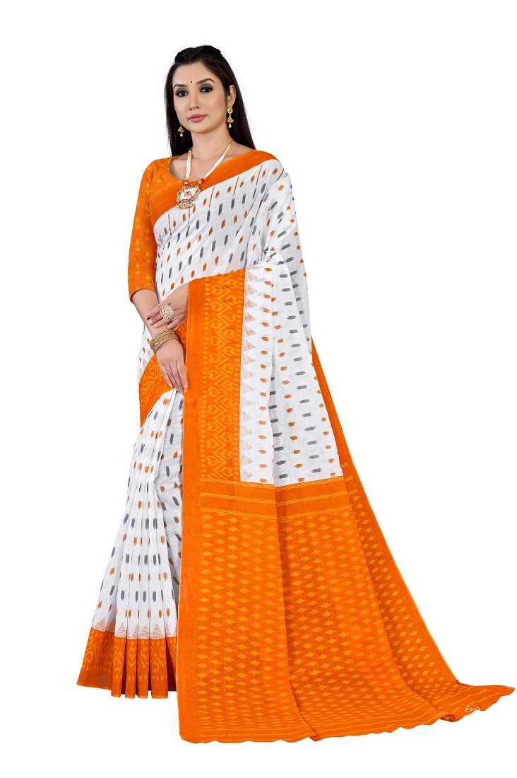 White Colour Cotton Silk Bagru Print Saree