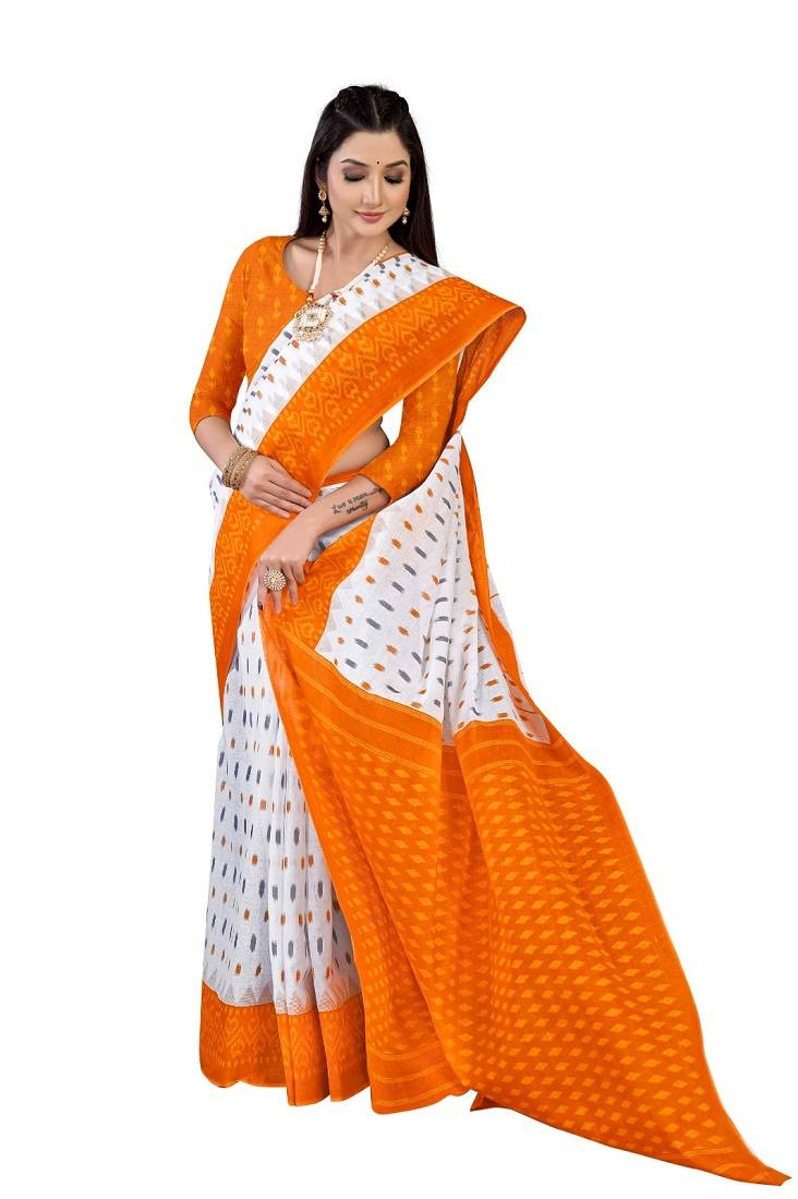 White Colour Cotton Silk Bagru Print Saree