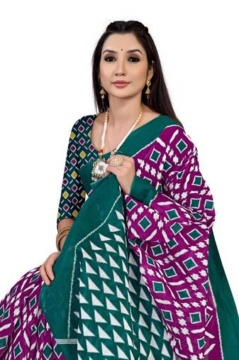 Purple Colour Cotton Silk Bagru Print Saree