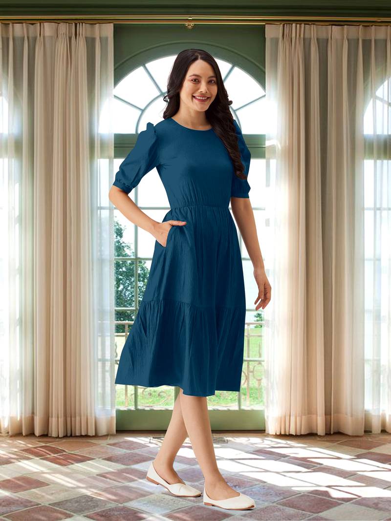 Plain Satin Cotton Half Puff Sleeve Mini Western Dress for Women