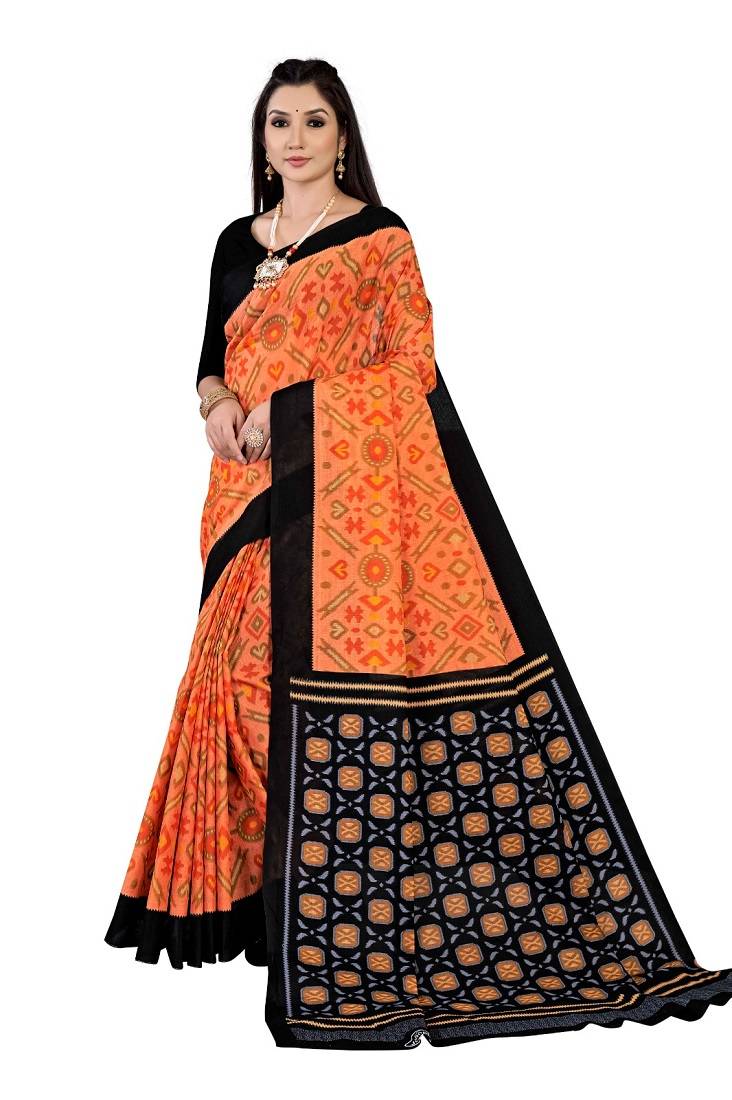 Orange Colour Cotton Silk Bagru Print Saree