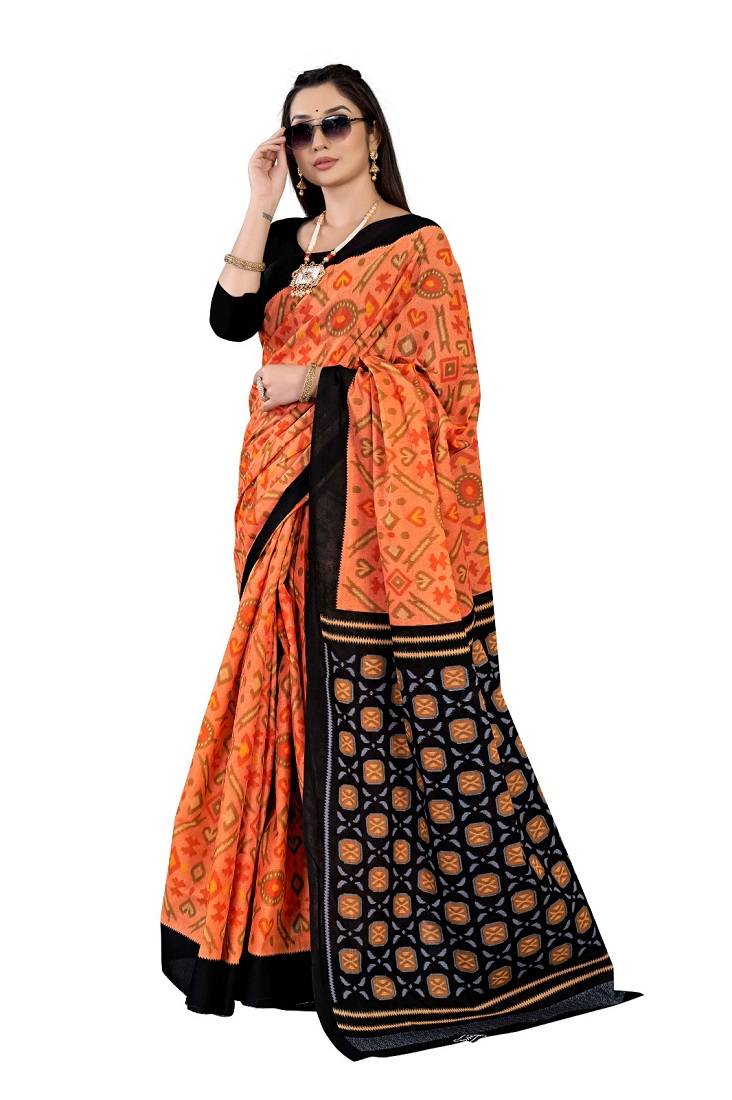 Orange Colour Cotton Silk Bagru Print Saree