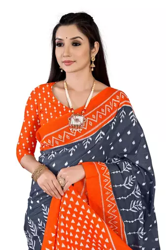 Grey Colour Cotton Silk Bagru Print Saree