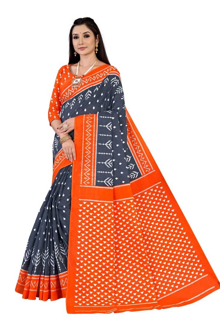 Grey Colour Cotton Silk Bagru Print Saree