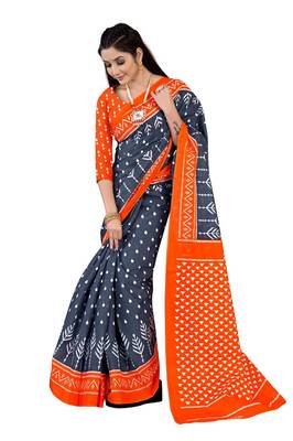 Grey Colour Cotton Silk Bagru Print Saree 1