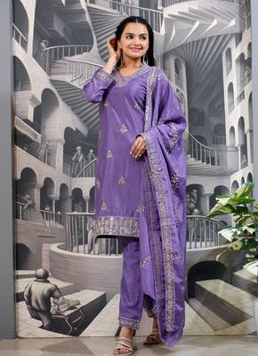 LIGHT PURPLE SILK EMBROIDERY WORK SUIT SET  1
