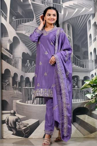 LIGHT PURPLE SILK EMBROIDERY WORK SUIT SET 