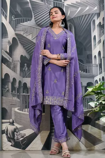 LIGHT PURPLE SILK EMBROIDERY WORK SUIT SET 