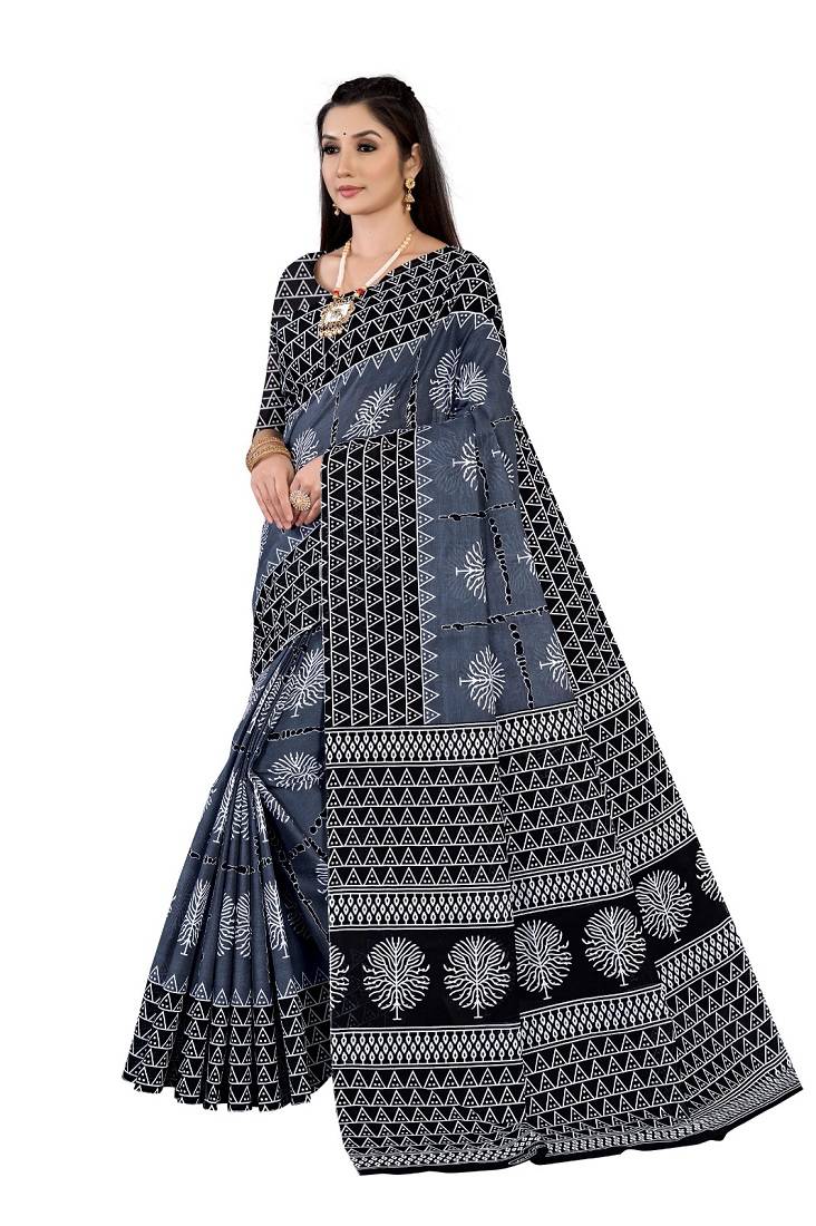 Grey Colour Cotton Silk Bagru Print Saree