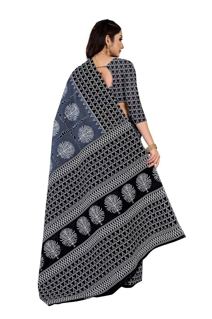 Grey Colour Cotton Silk Bagru Print Saree