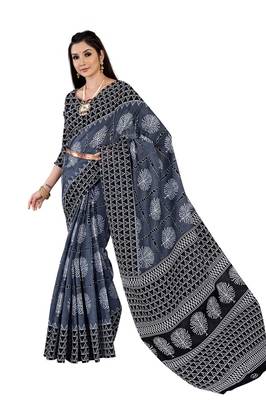 Grey Colour Cotton Silk Bagru Print Saree 5
