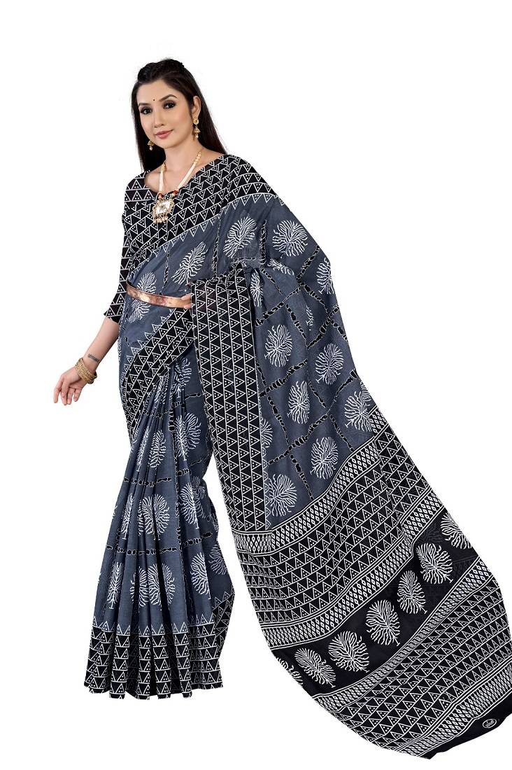 Grey Colour Cotton Silk Bagru Print Saree