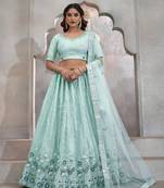 TURQUOISE THREAD SEQUINS EMBROIDERED NET SEMI STITCHED LEHENGA CHOLI