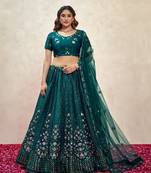TEAL GREEN THREAD SEQUINS EMBROIDERED FENDI SILK SEMI STITCHED LEHENGA CHOLI