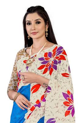 Off-White Colour Cotton Silk Bagru Print Saree 1