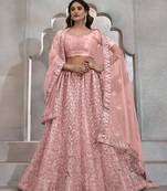 PEACH THREAD SEQUINS EMBROIDERED NET SEMI STITCHED LEHENGA CHOLI