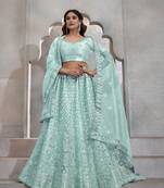 TURQUOISE THREAD SEQUINS EMBROIDERED NET SEMI STITCHED LEHENGA CHOLI