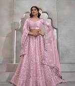 LIPGLOSS PINK THREAD SEQUINS EMBROIDERED NET SEMI STITCHED LEHENGA CHOLI