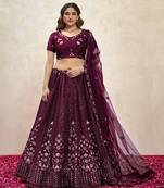 WINE THREAD SEQUINS EMBROIDERED FENDI SILK SEMI STITCHED LEHENGA CHOLI