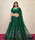 GREEN THREAD SEQUINS EMBROIDERED FENDI SILK SEMI STITCHED LEHENGA CHOLI