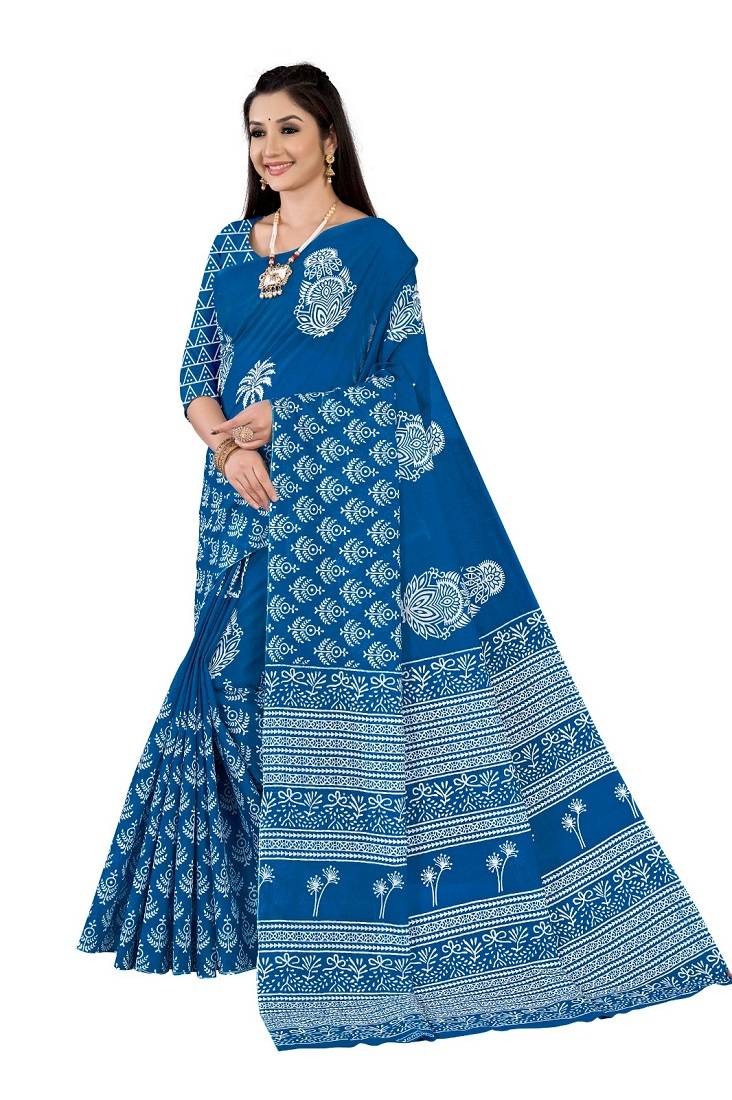 Blue Colour Cotton Silk Bagru Print Saree
