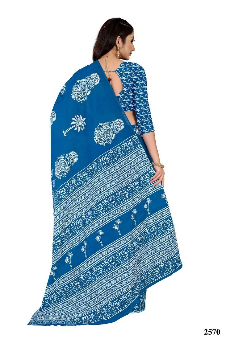 Blue Colour Cotton Silk Bagru Print Saree