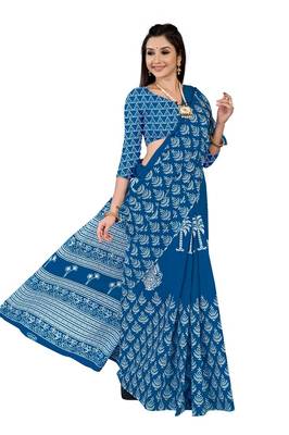 Blue Colour Cotton Silk Bagru Print Saree 5