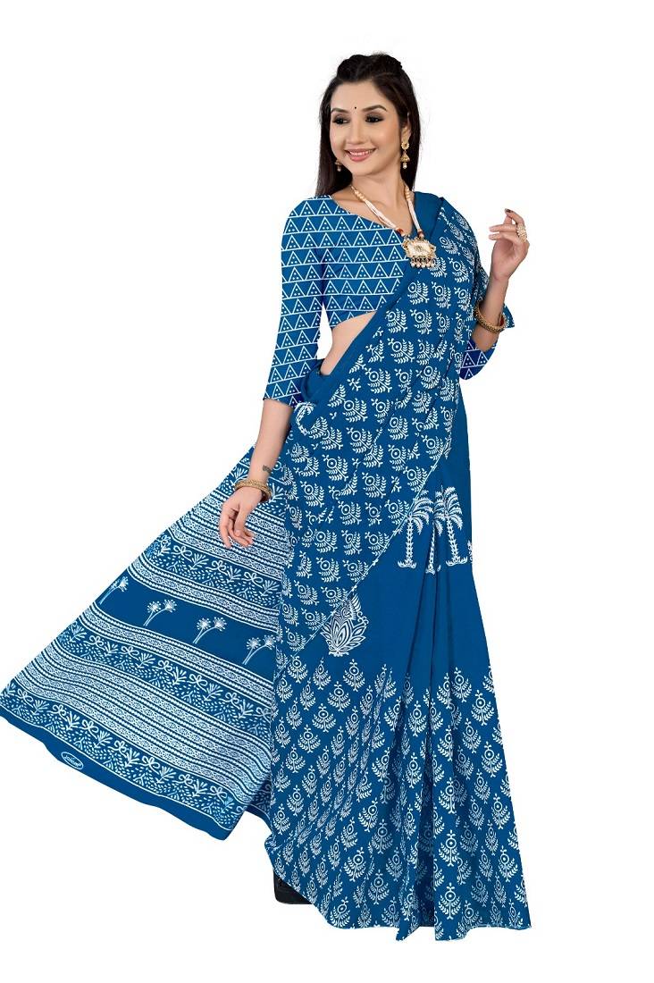 Blue Colour Cotton Silk Bagru Print Saree