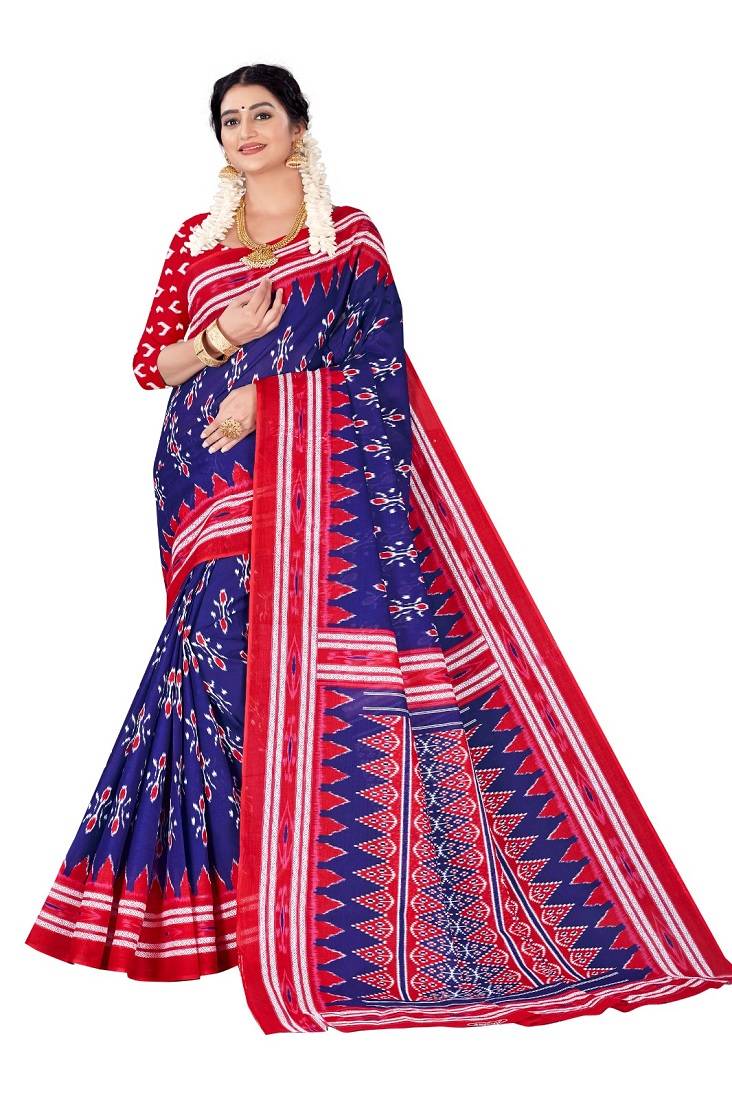 Blue Colour Cotton Silk Bagru Print Saree