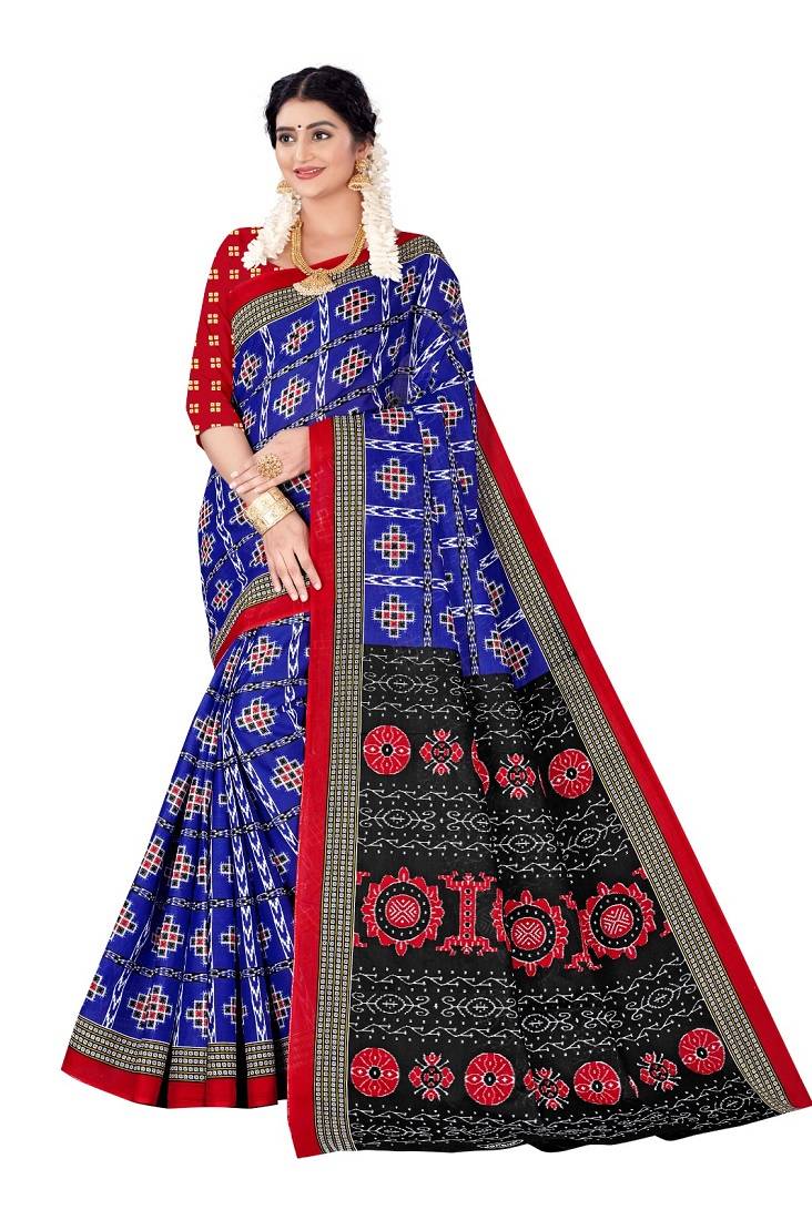Blue Colour Cotton Silk Bagru Print Saree