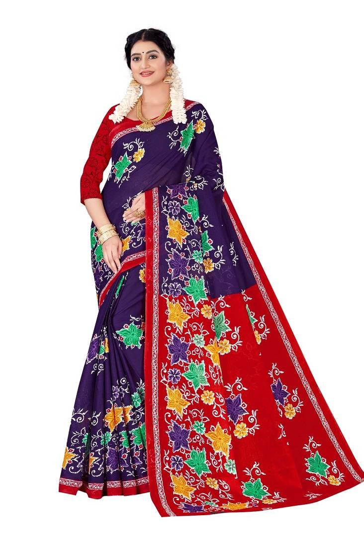 Purple Colour Cotton Silk Bagru Print Saree