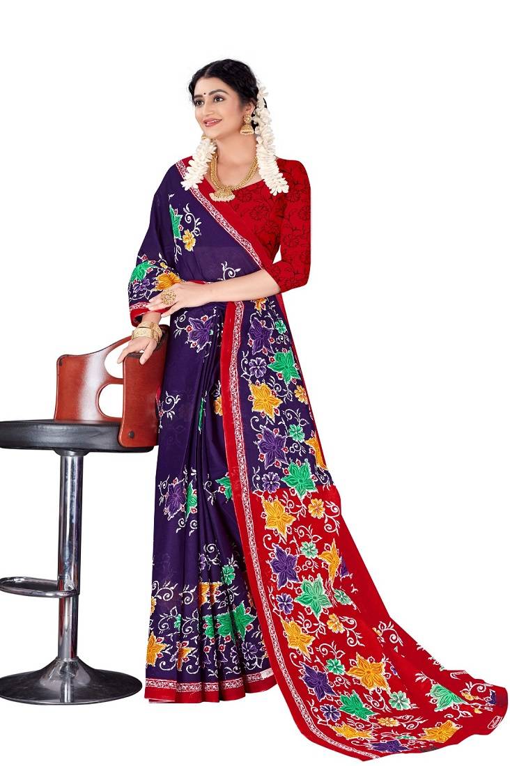 Purple Colour Cotton Silk Bagru Print Saree