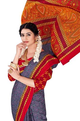 Grey Colour Cotton Silk Bagru Print Saree