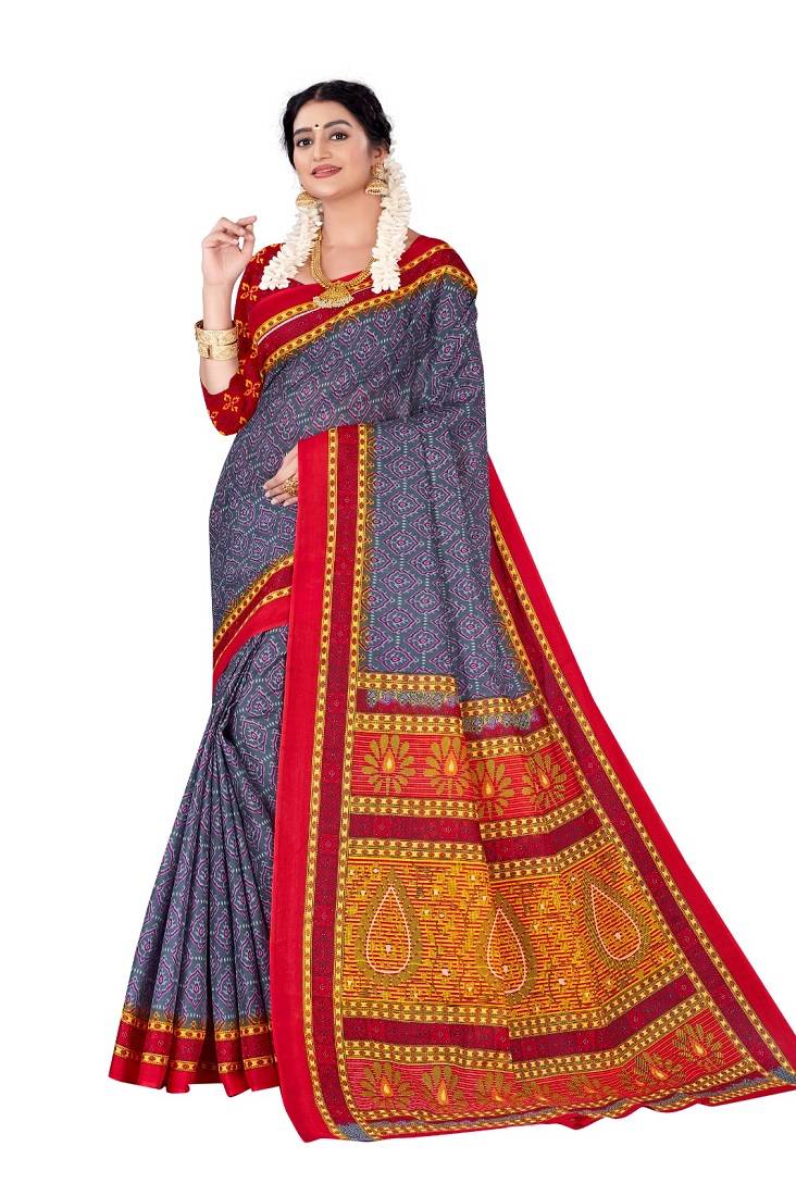 Grey Colour Cotton Silk Bagru Print Saree