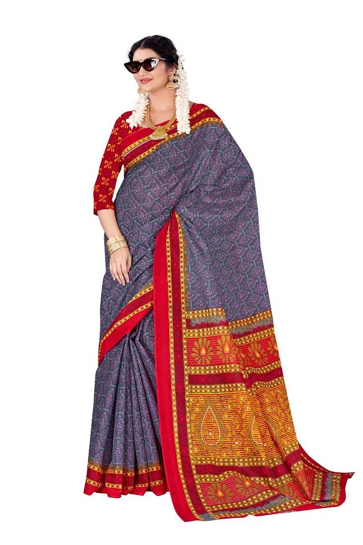 Grey Colour Cotton Silk Bagru Print Saree