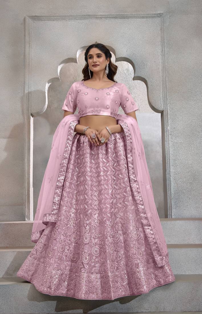 LIPGLOSS PINK THREAD SEQUINS EMBROIDERED NET SEMI STITCHED LEHENGA CHOLI