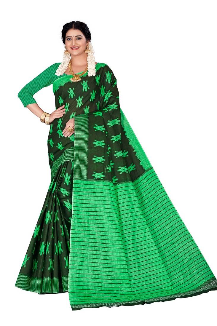 Dark Green Colour Cotton Silk Bagru Print Saree