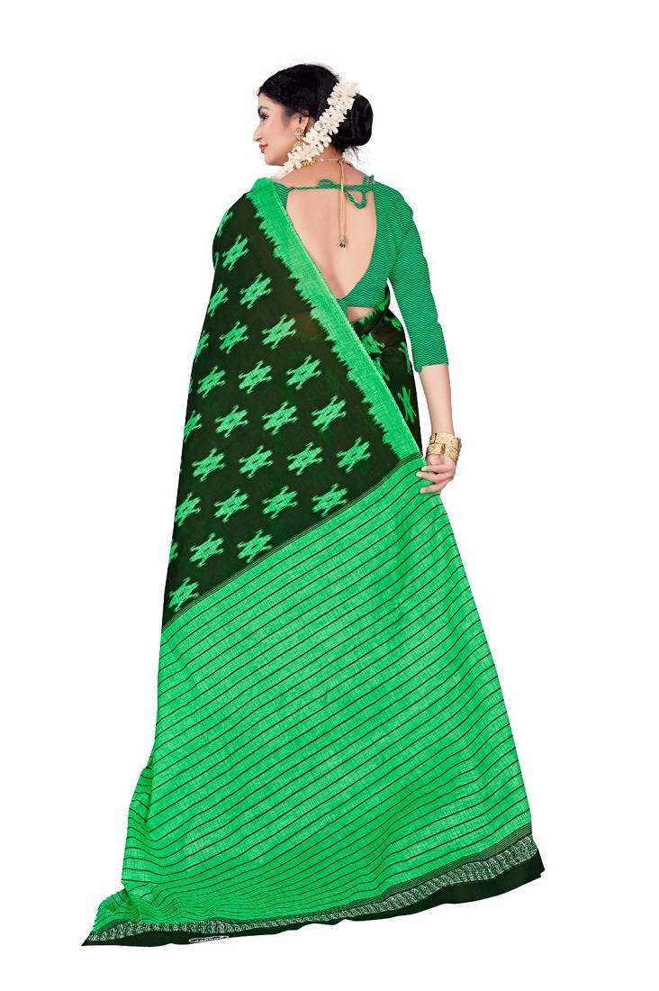 Dark Green Colour Cotton Silk Bagru Print Saree