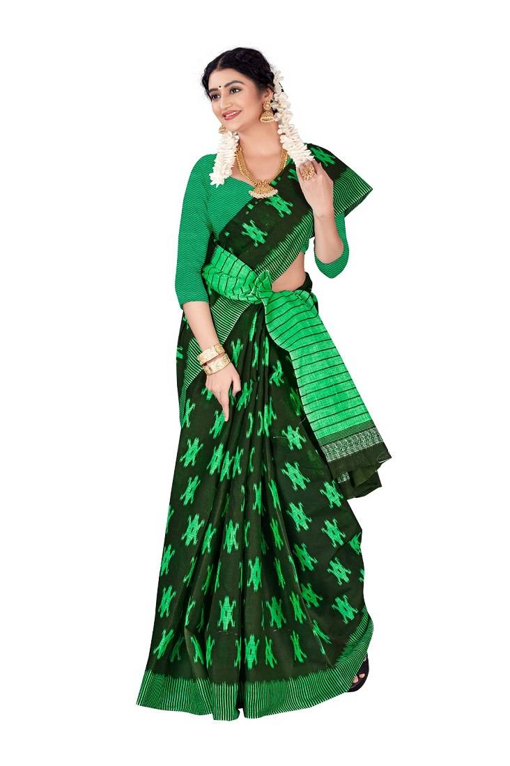 Dark Green Colour Cotton Silk Bagru Print Saree