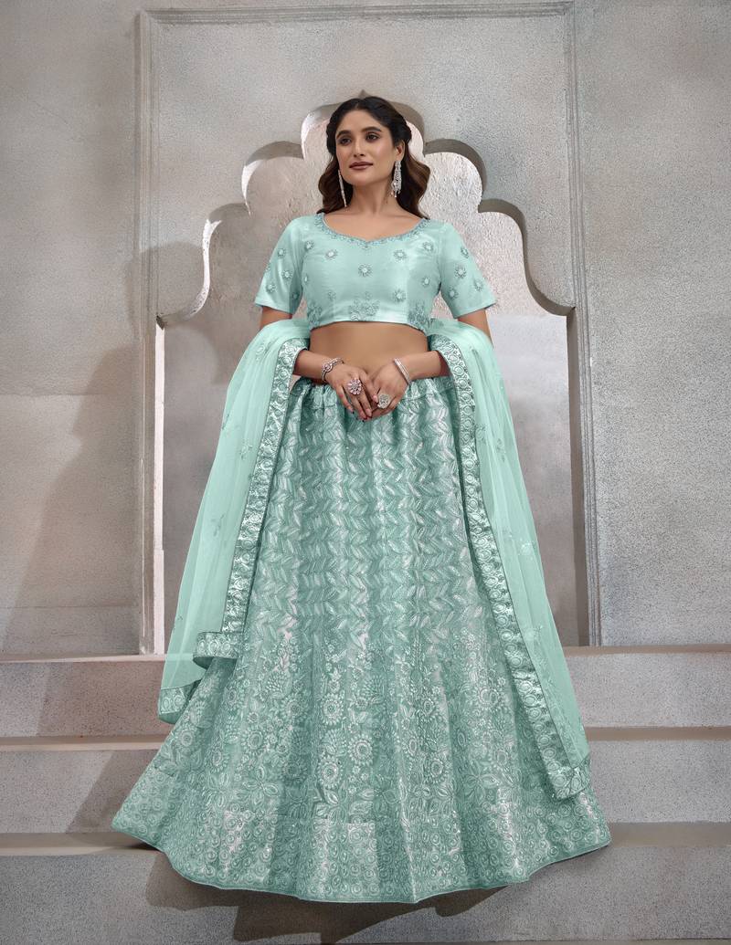 TURQUOISE THREAD SEQUINS EMBROIDERED NET SEMI STITCHED LEHENGA CHOLI