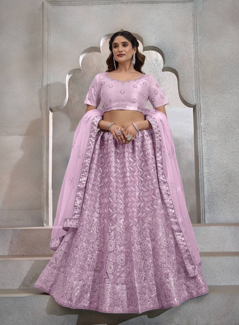LAVENDER THREAD SEQUINS EMBROIDERED NET SEMI STITCHED LEHENGA CHOLI