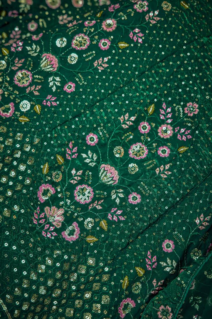 GREEN THREAD SEQUINS EMBROIDERED FENDI SILK SEMI STITCHED LEHENGA CHOLI