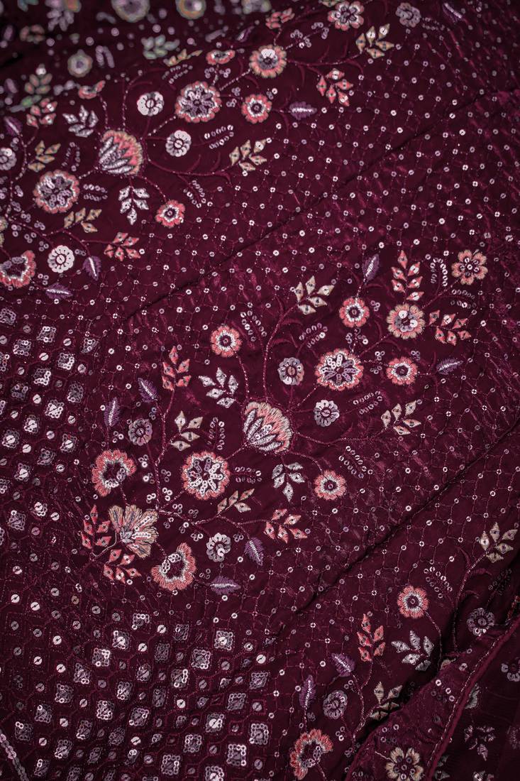 WINE THREAD SEQUINS EMBROIDERED FENDI SILK SEMI STITCHED LEHENGA CHOLI