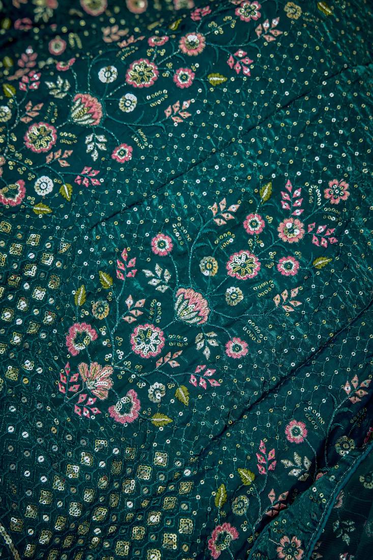 TEAL GREEN THREAD SEQUINS EMBROIDERED FENDI SILK SEMI STITCHED LEHENGA CHOLI