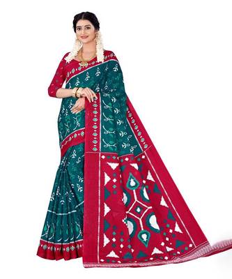 Teal Colour Cotton Silk Bagru Print Saree 1